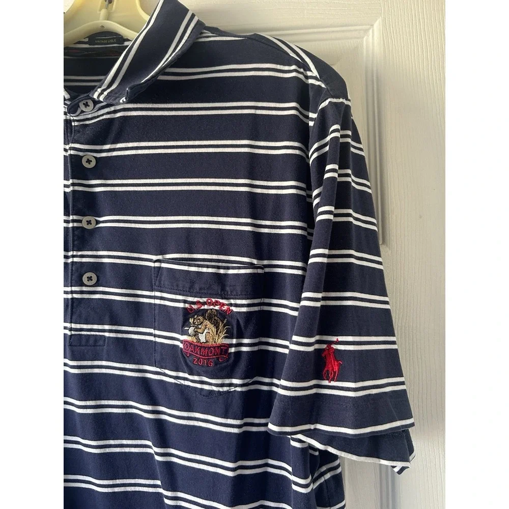 Polo Golf Ralph Lauren Navy Striped Vintage Lisle U.S. Open Oakmont 2016 Men's L